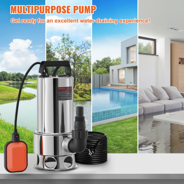 VEVOR Tauchwasserpumpe, 1300 W, 20000 l/h, mit 10 m Kabel und automatischem Schwimmerschalter, Edelstahl und Gusseisen für schmutzige oder saubere, leere Gartenteiche, Schwimmbäder, Whirlpools – Bild 2