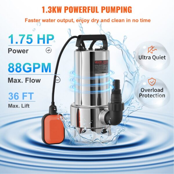 VEVOR Tauchwasserpumpe, 1300 W, 20000 l/h, mit 10 m Kabel und automatischem Schwimmerschalter, Edelstahl und Gusseisen für schmutzige oder saubere, leere Gartenteiche, Schwimmbäder, Whirlpools – Bild 3