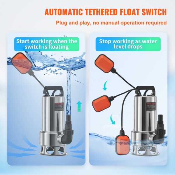 VEVOR Tauchwasserpumpe, 1300 W, 20000 l/h, mit 10 m Kabel und automatischem Schwimmerschalter, Edelstahl und Gusseisen für schmutzige oder saubere, leere Gartenteiche, Schwimmbäder, Whirlpools – Bild 5
