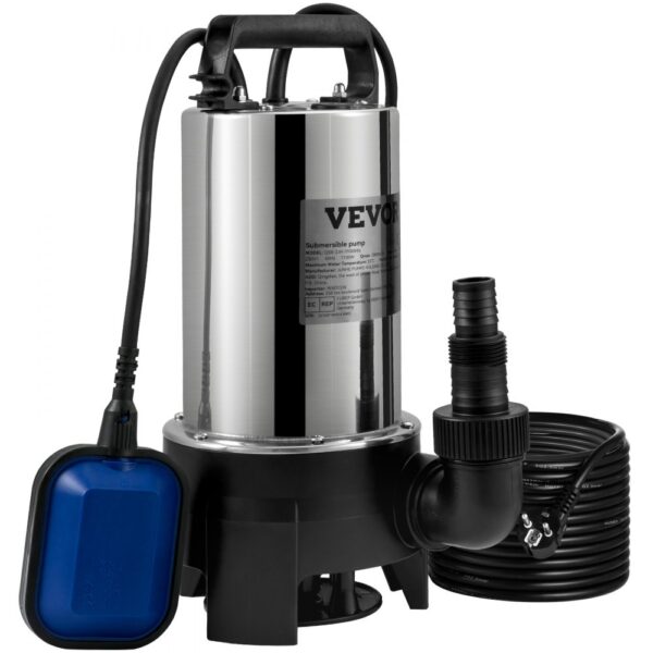 VEVOR Tauchpumpe 1100W Schmutzwasserpumpe 230V Gartenpumpe Durchfluss 333,3L/min Schmutzwassertauchpumpe IPX8 Auslass zuschneidbar zum Pumpen von Wasser aus Schwimmbädern Teichen