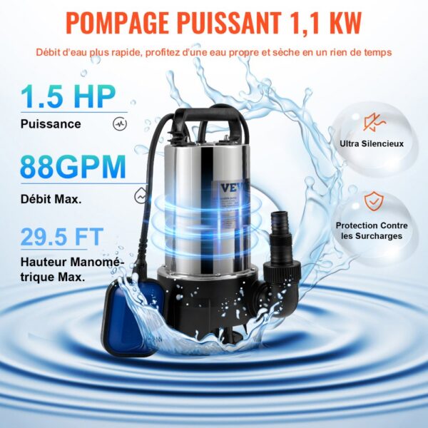 VEVOR Tauchpumpe 1100W Schmutzwasserpumpe 230V Gartenpumpe Durchfluss 333,3L/min Schmutzwassertauchpumpe IPX8 Auslass zuschneidbar zum Pumpen von Wasser aus Schwimmbädern Teichen – Bild 3