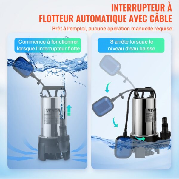 VEVOR Tauchpumpe 1100W Schmutzwasserpumpe 230V Gartenpumpe Durchfluss 333,3L/min Schmutzwassertauchpumpe IPX8 Auslass zuschneidbar zum Pumpen von Wasser aus Schwimmbädern Teichen – Bild 5