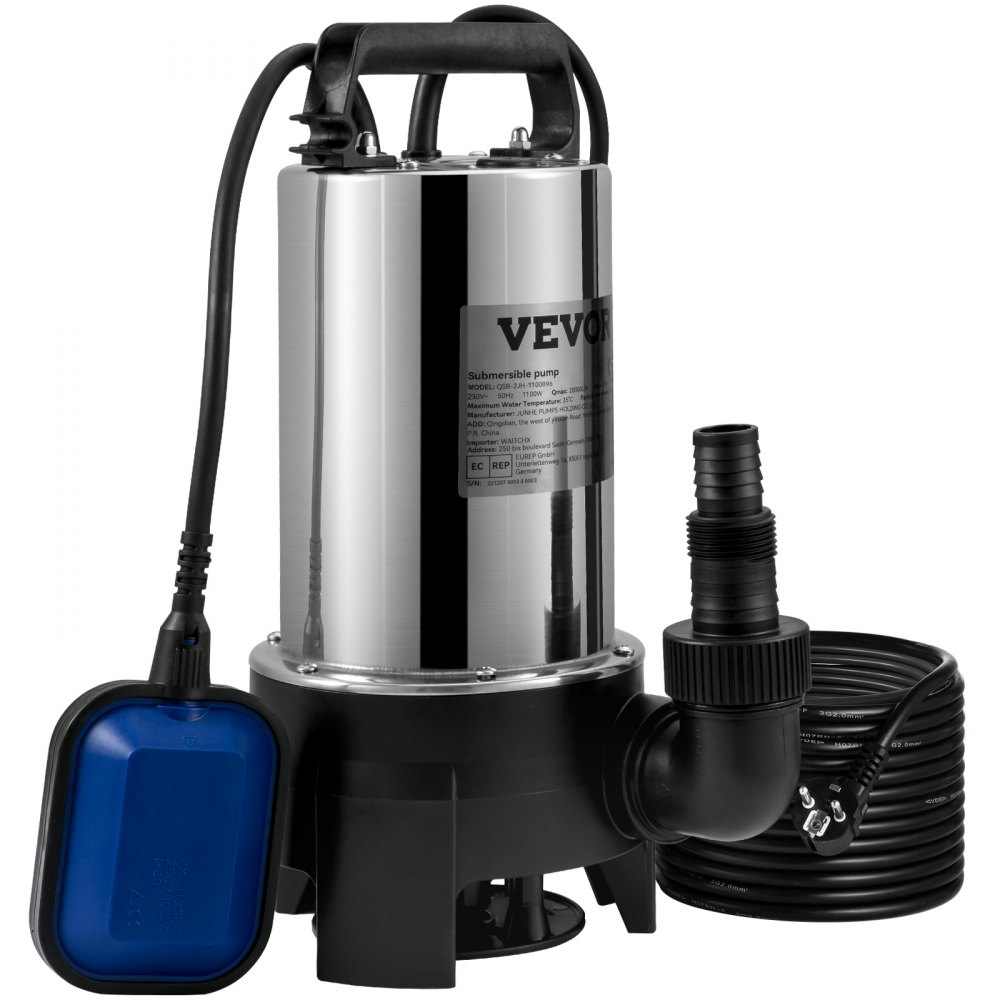 VEVOR Tauchpumpe 1100W Schmutzwasserpumpe 230V Gartenpumpe Durchfluss 333,3L/min Schmutzwassertauchpumpe IPX8 Auslass zuschneidbar zum Pumpen von Wasser aus Schwimmbädern Teichen