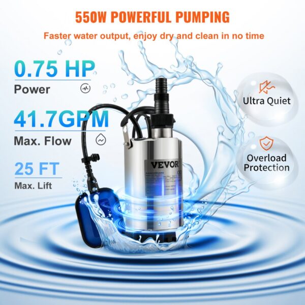 VEVOR Schmutzwasserpumpe 550W Tauchpumpe 230V Gartenpumpe Durchfluss 9500L/h Schmutzwassertauchpumpe IPX8 Auslass zuschneidbar zum Pumpen von Wasser aus Schwimmbädern Teichen Kellern – Bild 3
