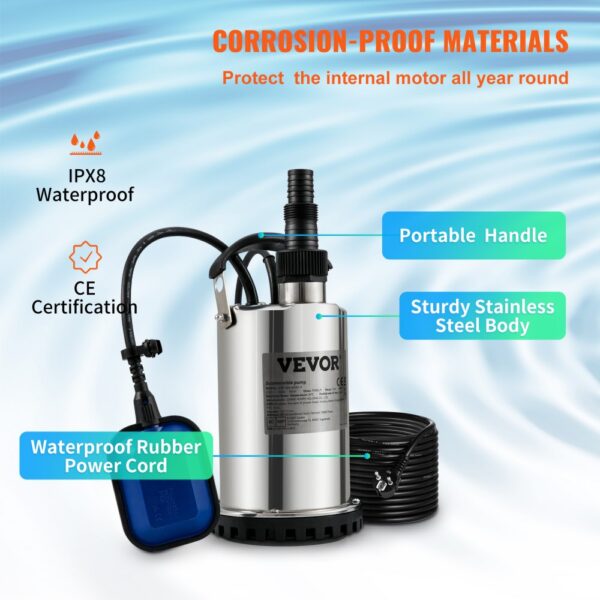 VEVOR Schmutzwasserpumpe 550W Tauchpumpe 230V Gartenpumpe Durchfluss 9500L/h Schmutzwassertauchpumpe IPX8 Auslass zuschneidbar zum Pumpen von Wasser aus Schwimmbädern Teichen Kellern – Bild 4