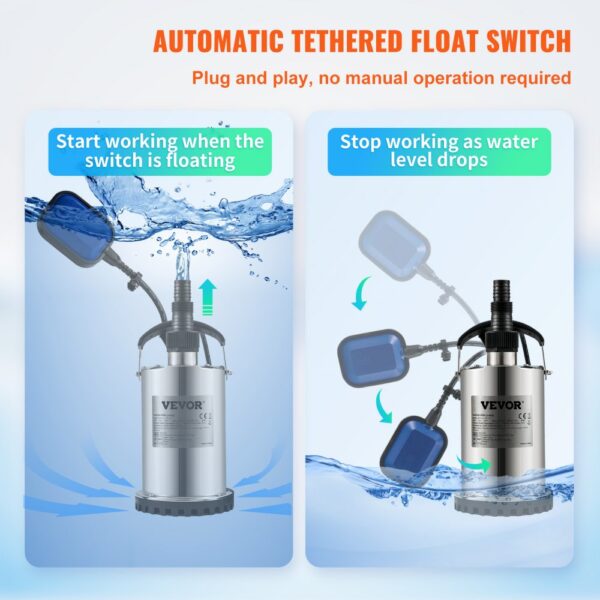 VEVOR Schmutzwasserpumpe 550W Tauchpumpe 230V Gartenpumpe Durchfluss 9500L/h Schmutzwassertauchpumpe IPX8 Auslass zuschneidbar zum Pumpen von Wasser aus Schwimmbädern Teichen Kellern – Bild 5