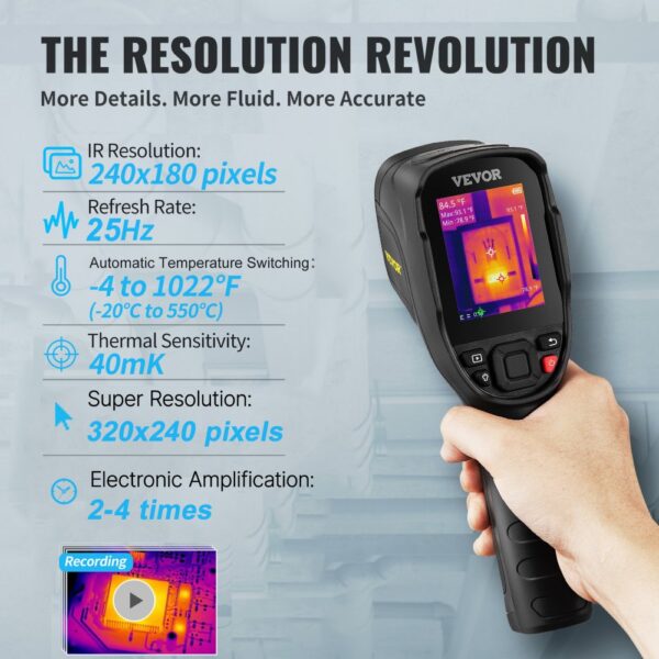 VEVOR Handheld Wärmebildkamera 240x180 IR-Auflösung Infrarotkamera Thermometer 40mK Thermografie Kamera -20-550°C Thermokamera Identifizierung von Wilden Tiere Elektrisch Hotspots Fehlenden Isolierung – Bild 3