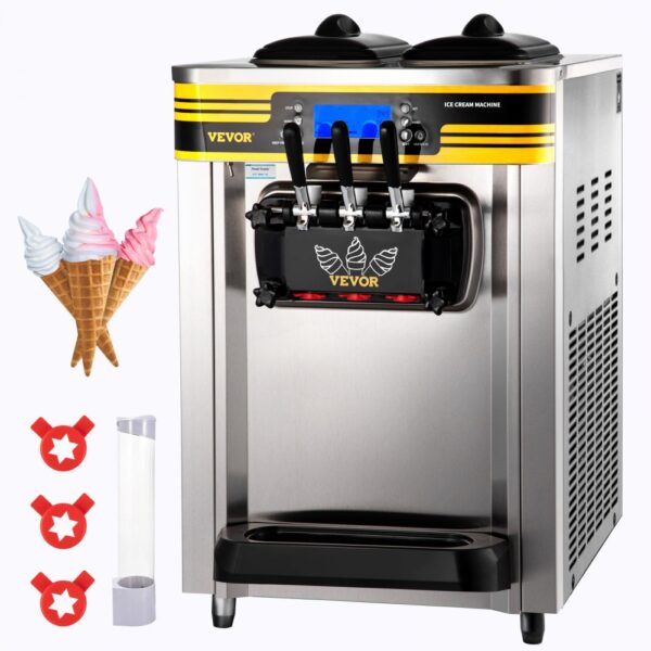 VEVOR Kommerzielle Softeismaschine 22-30 L/h Profi-Eismaschine mit LCD-Display, 3 Geschmacksrichtungen, Edelstahltrichter, Desktop-Design für Gastronomie & Gewerbe