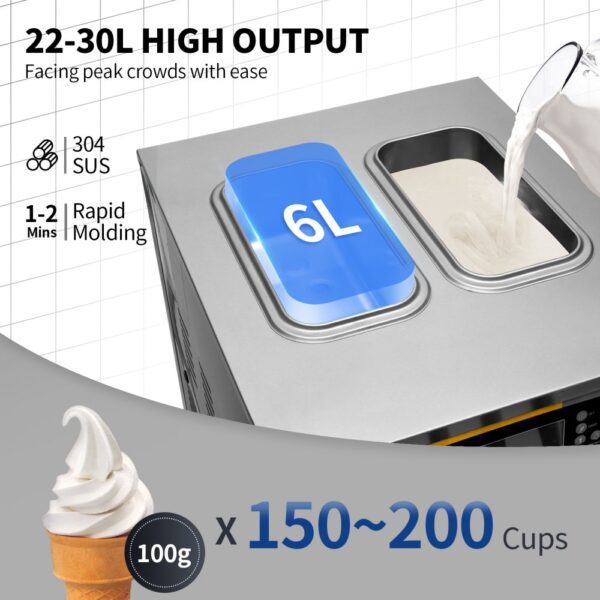 VEVOR Kommerzielle Softeismaschine 22-30 L/h Profi-Eismaschine mit LCD-Display, 3 Geschmacksrichtungen, Edelstahltrichter, Desktop-Design für Gastronomie & Gewerbe – Bild 3