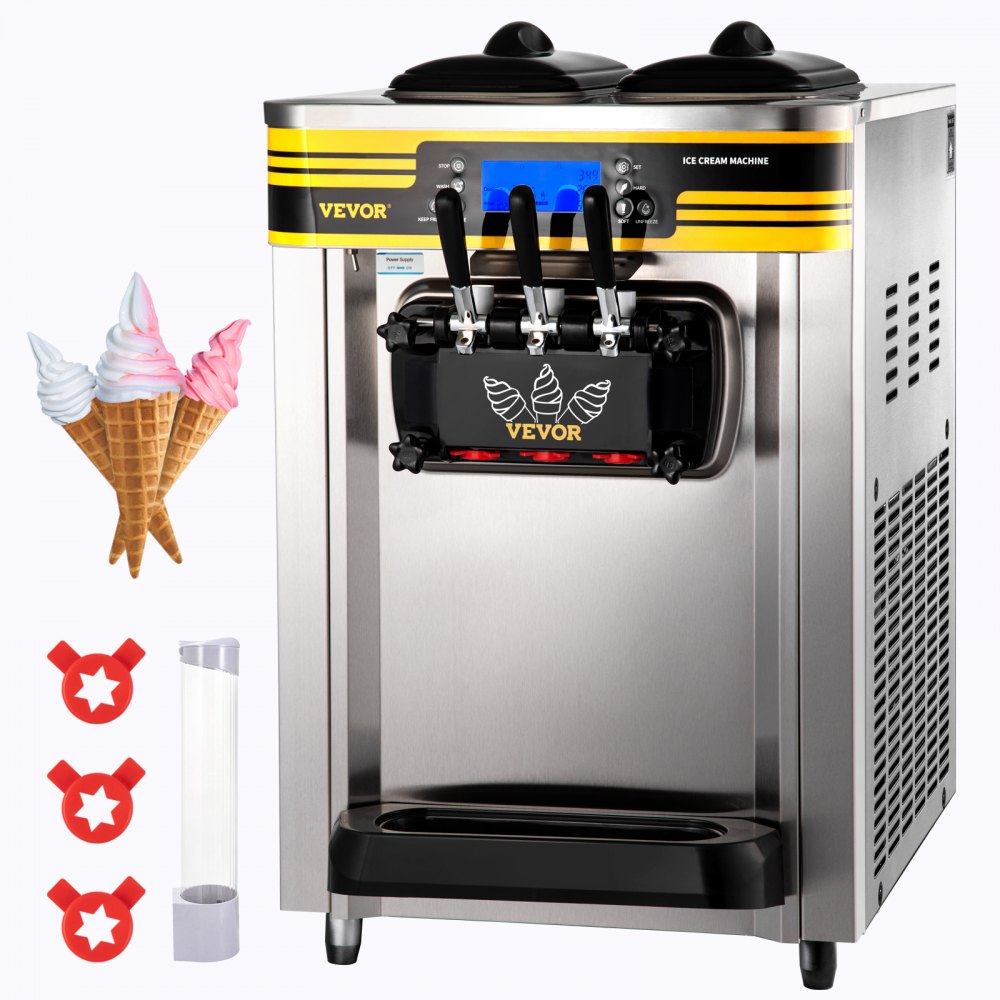 VEVOR Kommerzielle Softeismaschine 22-30 L/h Profi-Eismaschine mit LCD-Display, 3 Geschmacksrichtungen, Edelstahltrichter, Desktop-Design für Gastronomie & Gewerbe