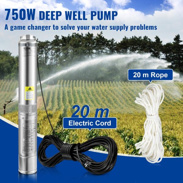 VEVOR 82 mm Tiefbrunnenpumpe 750W Brunnenpumpe 100L/min Tauchpumpe max. Förderhöhe 66m Rohrpumpe 230V 50Hz Sandpumpe IP68 Wasserpumpe 16 Laufradstufen Pumpe Ideal zur Bewässerung oder Wasser-Versorgung – Bild 2