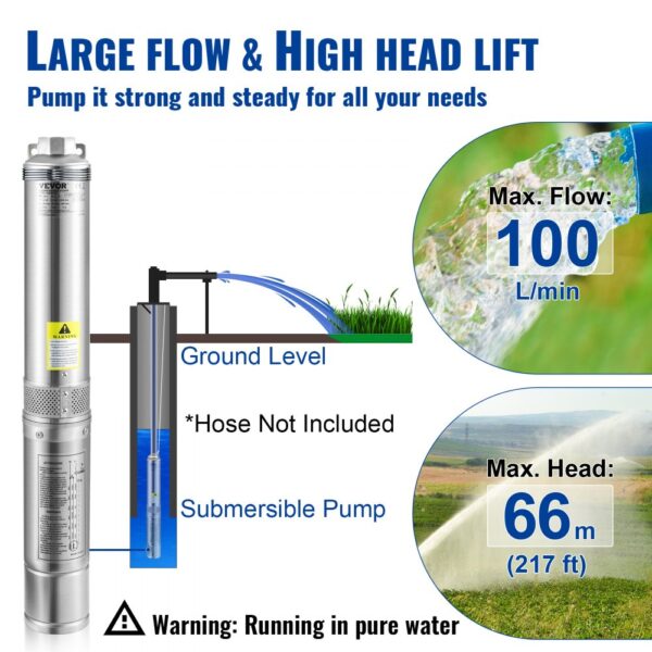 VEVOR 82 mm Tiefbrunnenpumpe 750W Brunnenpumpe 100L/min Tauchpumpe max. Förderhöhe 66m Rohrpumpe 230V 50Hz Sandpumpe IP68 Wasserpumpe 16 Laufradstufen Pumpe Ideal zur Bewässerung oder Wasser-Versorgung – Bild 3