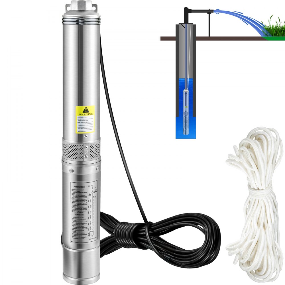 VEVOR 82 mm Tiefbrunnenpumpe 750W Brunnenpumpe 100L/min Tauchpumpe max. Förderhöhe 66m Rohrpumpe 230V 50Hz Sandpumpe IP68 Wasserpumpe 16 Laufradstufen Pumpe Ideal zur Bewässerung oder Wasser-Versorgung
