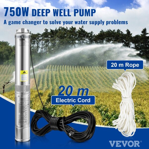 VEVOR 88,9 mm Tiefbrunnenpumpe 750W Brunnenpumpe 105L/min Tauchpumpe max. Förderhöhe 62m Rohrpumpe 230V 50Hz Sandpumpe IP68 Wasserpumpe mit 20m Kabel Pumpe Ideal zur Bewässerung oder Wasser-Versorgung – Bild 2