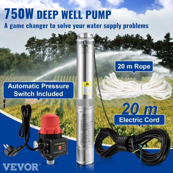 VEVOR 88 mm Tiefbrunnenpumpe 750W Brunnenpumpe 105L/min Tauchpumpe max. Förderhöhe 62m Rohrpumpe 230V 50Hz Sandpumpe IP68 Wasserpumpe 11 Laufradstufen Pumpe Ideal zur Bewässerung oder Wasser-Versorgung – Bild 2