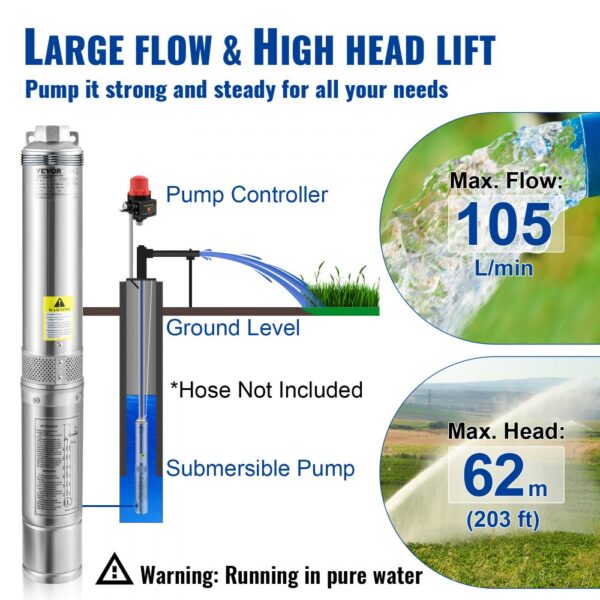 VEVOR 88 mm Tiefbrunnenpumpe 750W Brunnenpumpe 105L/min Tauchpumpe max. Förderhöhe 62m Rohrpumpe 230V 50Hz Sandpumpe IP68 Wasserpumpe 11 Laufradstufen Pumpe Ideal zur Bewässerung oder Wasser-Versorgung – Bild 3