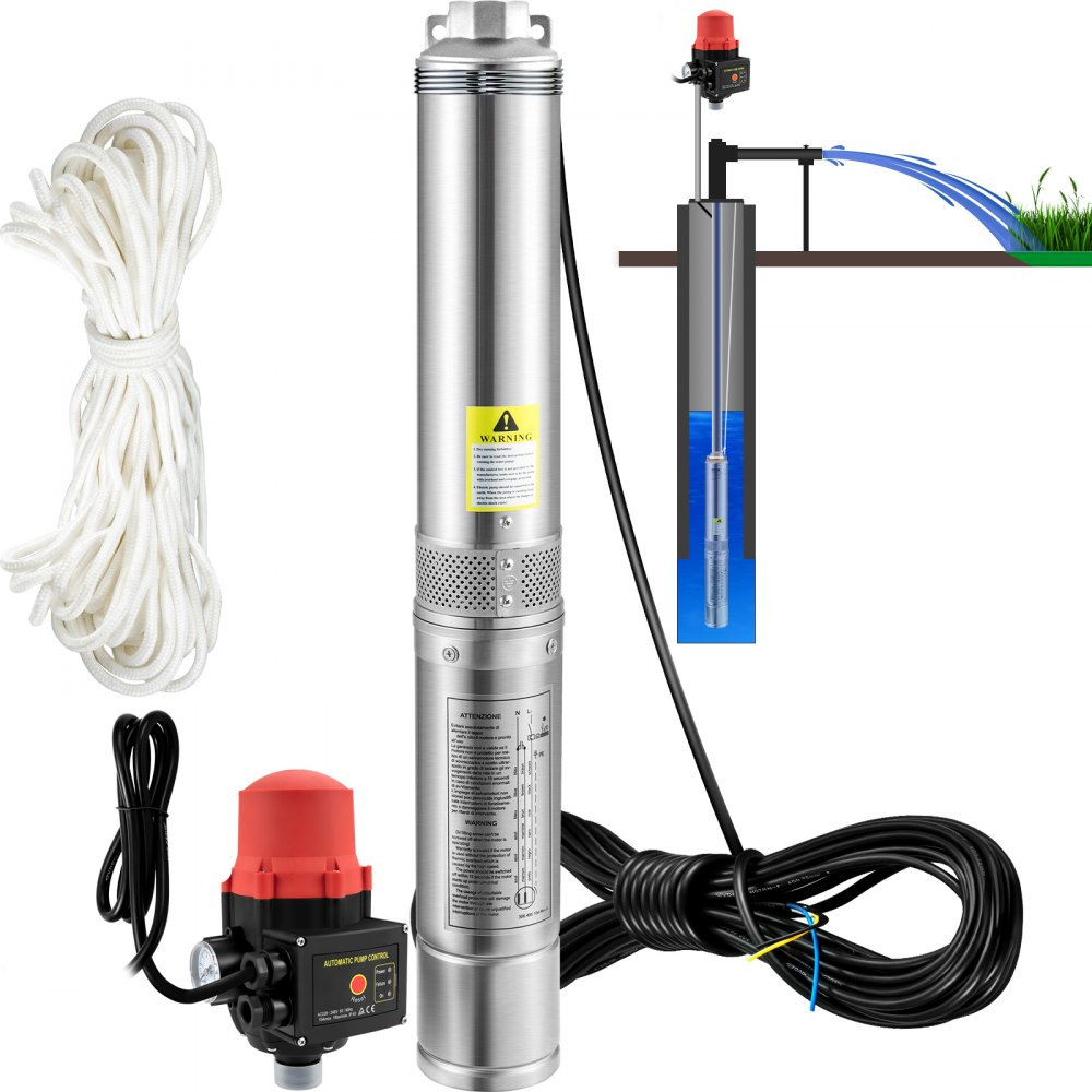 VEVOR 88 mm Tiefbrunnenpumpe 750W Brunnenpumpe 105L/min Tauchpumpe max. Förderhöhe 62m Rohrpumpe 230V 50Hz Sandpumpe IP68 Wasserpumpe 11 Laufradstufen Pumpe Ideal zur Bewässerung oder Wasser-Versorgung