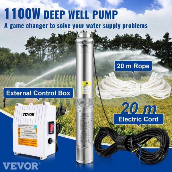 VEVOR 102 mm Tiefbrunnenpumpe 1100 W Brunnenpumpe 190 L/min Tauchpumpe max Förderhöhe 57m Rohrpumpe 230 V 50 Hz Sandpumpe IP68 Wasserpumpe 0-40°C Pumpe Ideal – Bild 2