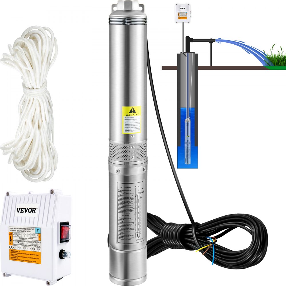 VEVOR 102 mm Tiefbrunnenpumpe 1100 W Brunnenpumpe 190 L/min Tauchpumpe max Förderhöhe 57m Rohrpumpe 230 V 50 Hz Sandpumpe IP68 Wasserpumpe 0-40°C Pumpe Ideal