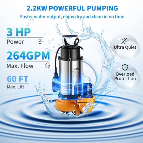 VEVOR Schmutzwasserpumpe mit var. Schwimmerschalter Tauchpumpe 2200W Gartenpumpe Durchfluss 60000L/h Schmutzwassertauchpumpe max. Hub 18m Wasserpumpe IPX8 Ideal zum Pumpen von Wasser – Bild 3