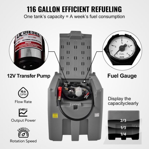 VEVOR Tragbarer Dieseltank 439,11 L Mobile Tankanlage Grau Dieseltankstelle 140 W Tankstation Dieseltank 2600 U/min Transporttank 12 V DC – Bild 3