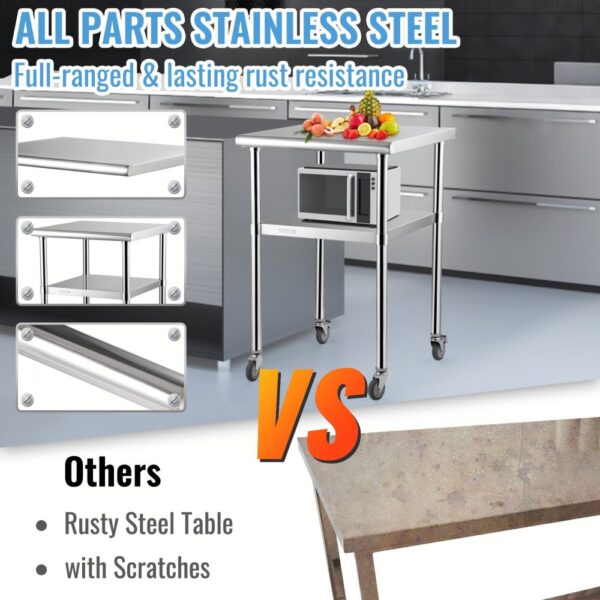 VEVOR Kommerzieller Edelstahltisch 61 x 61 x 91,4 cm, Rollbarer Zweilagiger Arbeitstisch Zerlegetisch Gastro 181,4 kg + 91 kg Tragfähigkeit, Gewerbe Küchentisch, Zubereitungstisch Küchenmöbel – Bild 3