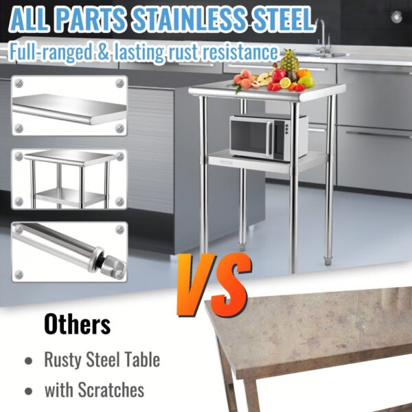 VEVOR Kommerzieller Edelstahltisch 61 x 45,7 x 91,4 cm, Edelstahl Zweilagiger Arbeitstisch Zerlegetisch Gastro 181,4 kg + 91 kg Tragfähigkeit, Gewerbe Küchentisch, Zubereitungstisch Küchenmöbel – Bild 3