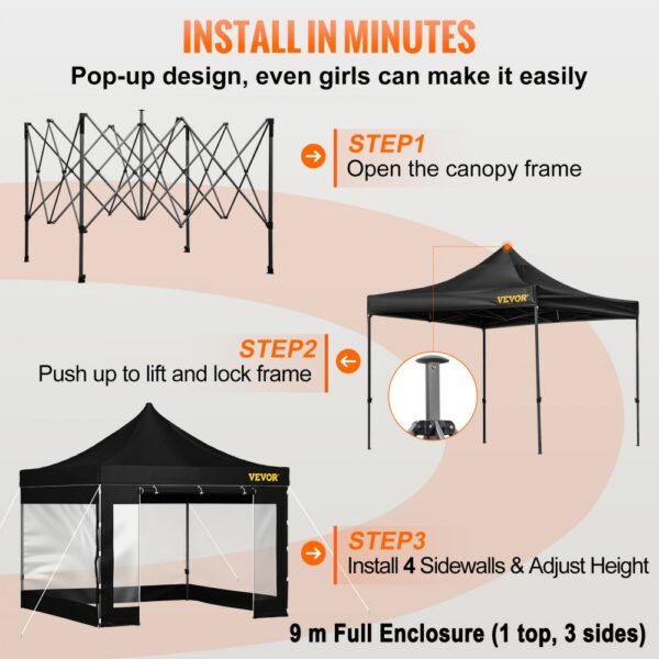 VEVOR Pavillon faltbar 3x3m Faltpavillon 240g PVC-beschichtetes Polyester Pop-Up-Pavillon 1,95-2,13m Einstellbar Partyzelt Gartenzelt Strandzelt für Hochzeiten oder andere kommerzielle Aktivitäten – Bild 5