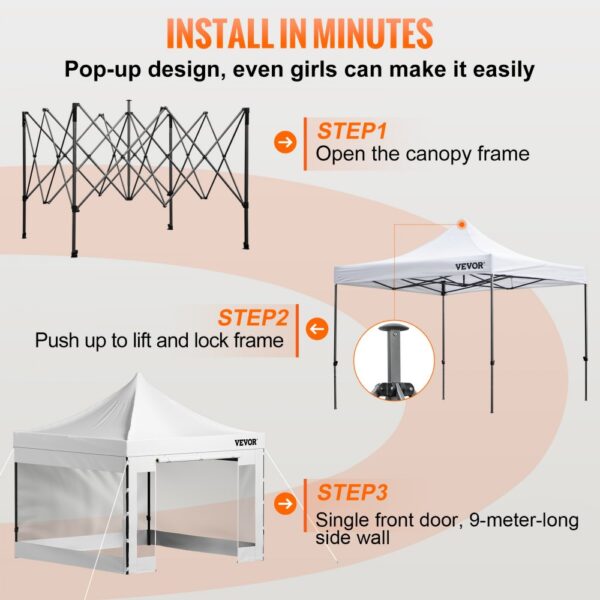 VEVOR Pavillon faltbar 3x3m Faltpavillon 240g PVC-beschichtetes Polyester Pop-Up-Pavillon 1,95-2,13m Einstellbar Partyzelt Festzelt Strandzelt Weiß für Hochzeiten oder andere kommerzielle Aktivitäten – Bild 5