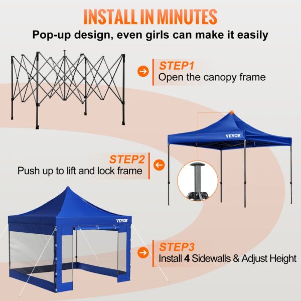 VEVOR Pavillon faltbar 3x3m Faltpavillon 240g PVC-beschichtetes Polyester Pop-Up-Pavillon 1,95-2,13m Einstellbar Partyzelt Festzelt Strandzelt Blau für Hochzeiten oder andere kommerzielle Aktivitäten – Bild 5