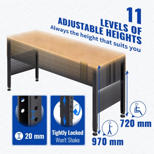 VEVOR Höhenverstellbare Werkbank 122 x 61 x 72 - 97 cm Spanntisch, 900 kg Gewichtskapazität Arbeitstisch, Braun Klappbare Werkzeugbank aus Kaltgewalzter Stahl, Multifunktionswerktisch für Werkstatt – Bild 3