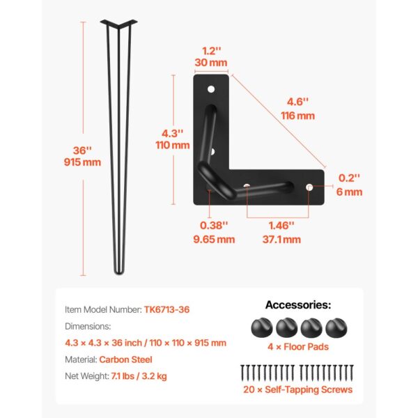 VEVOR Tischbeine Metall Schwarz Haarnadel Tischbein 91,5 cm 4 Stücke Tischfüße verstellbar austauschbare Diy Hairpin Tischgestelle 3 Pfosten – Bild 2