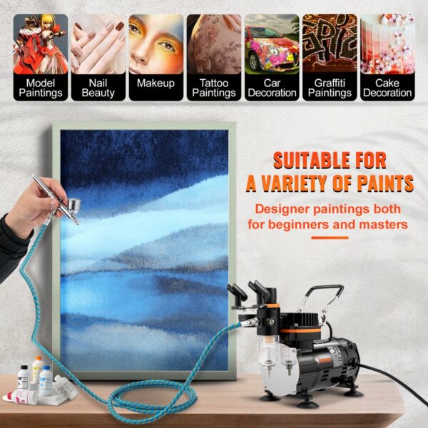VEVOR Profi Dual Action Airbrush-Spritzpistole Set 18 - 23 L/min 120 W, 230 V Mini Airbrush Luftkompressor Gravity, Lackierpistole für Werbeillustrationen, Bodypainting, Modellbau, Nail Design – Bild 5