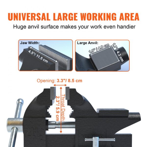 VEVOR 11,5cm Schraubstock 240° Drehbar Sphäroguss Werkbankschraubstock 1,5-4,5cm Rohrspanndurchmesser Schraubstock 8,5 cm Backenöffnung Parallelschraubstock Ideal zum Schärfen Schleifen Schneiden usw. – Bild 3