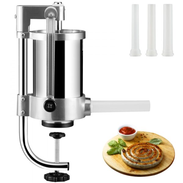 VEVOR Manueller Wurstfüller Wurstfüllmaschine 1,5 L, Edelstahl + Aluminium Professionelle Silberne Wurstmaschine inkl. 16 / 19 / 22 mm Füllrohre, Vertikale Wurstpresse mit Tischklemme Hausgemacht