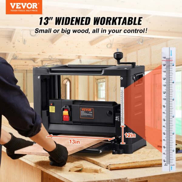 VEVOR Dickenhobel Hobelmaschine 1800 W mit 2 HS-Hobelmessern, 330 mm breitem Arbeitstisch Max. Schnittstärke 15 cm Hobel Ideal zur Holzbearbeitung für Tischler, Heimwerker und Dekorateure – Bild 2