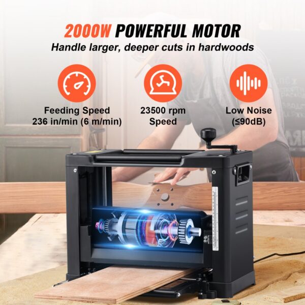 VEVOR Dickenhobel Hobelmaschine 1800 W mit 2 HS-Hobelmessern, 330 mm breitem Arbeitstisch Max. Schnittstärke 15 cm Hobel Ideal zur Holzbearbeitung für Tischler, Heimwerker und Dekorateure – Bild 5