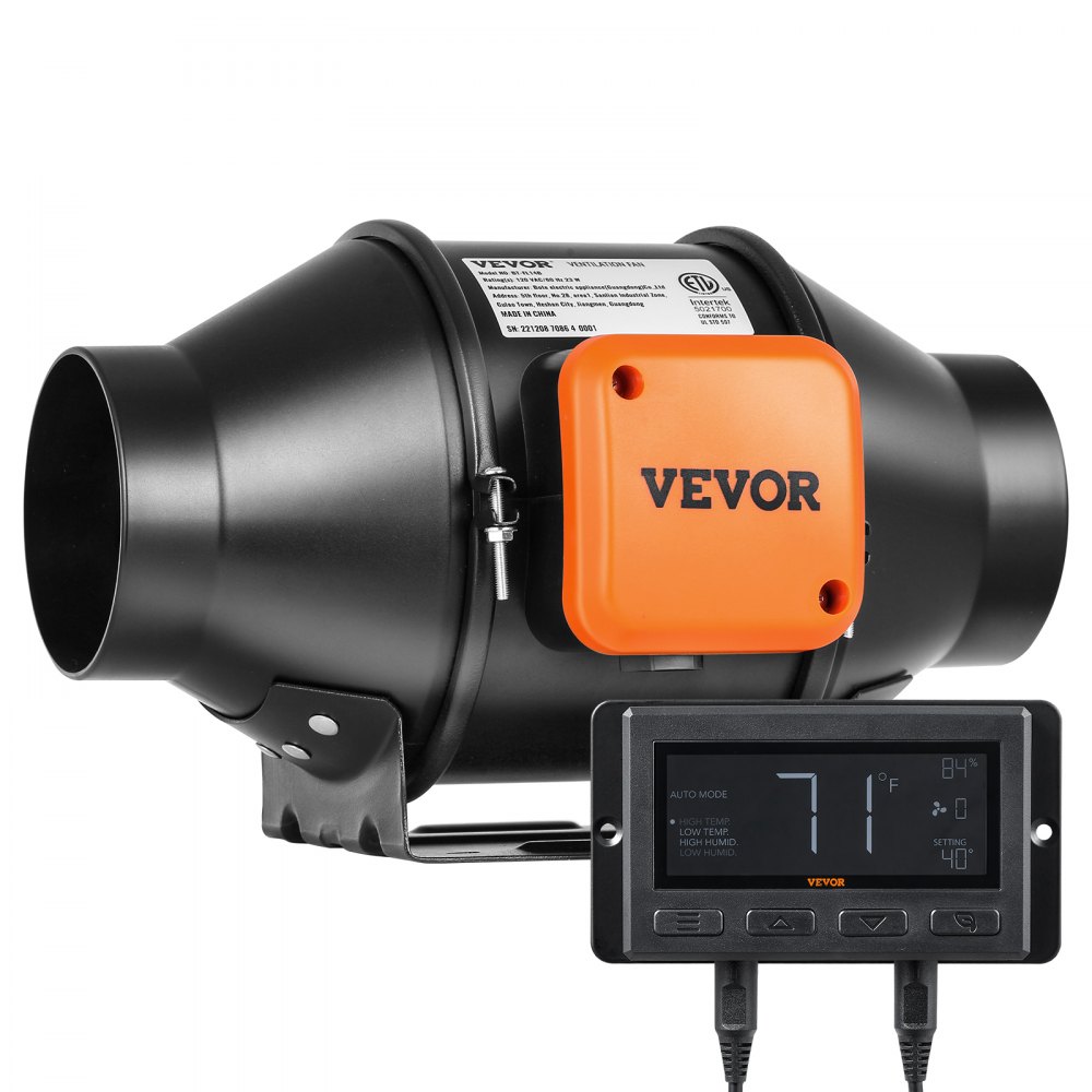 VEVOR 100 mm Inline Kanalventilator mit EC-Motor – 348 m³/h– 25 W, leise 28 dB, mit Temperatur- & Feuchtigkeitsregler – für Wachstumszelte, Hydrokultur, Belüftung