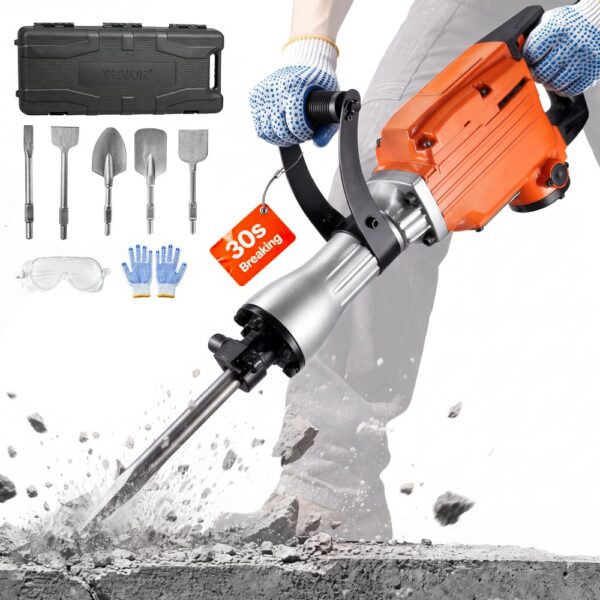 VEVOR Hochleistungs-Betonbrecher Abbruchhammer 2200 W, Elektroabbruchhammer, Bohrhammer Betonhammer Stemmhammer 1400 BPM, inkl. 6 Meißel Spitzmeißel, Flachmeißel, Schabemeißel für Schiefer, Beton usw.