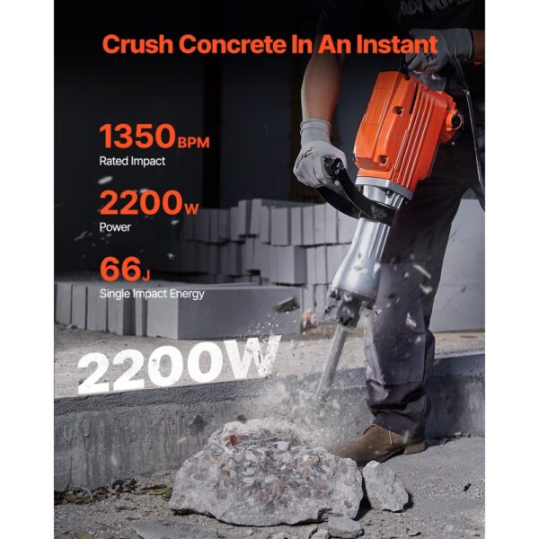 VEVOR Hochleistungs-Betonbrecher Abbruchhammer 2200 W, Elektroabbruchhammer, Bohrhammer Betonhammer Stemmhammer 1400 BPM, inkl. 6 Meißel Spitzmeißel, Flachmeißel, Schabemeißel für Schiefer, Beton usw. – Bild 2