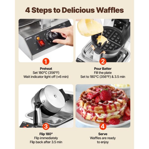 VEVOR Rundes Waffeleisen Waffel 1300 W, Kontaktgrill Belgische Waffeleisen 4 Stk. Edelstahl Waffeln Automat inkl. Lebensmittelclip & Bürsten & Verbrühungssicherer Griff, für Cafés, Restaurant usw. – Bild 5 VEVOR Rundes Waffeleisen Waffel 1300 W, Kontaktgrill Belgische Waffeleisen 4 Stk. Edelstahl Waffeln Automat inkl. Lebensmittelclip & Bürsten & Verbrühungssicherer Griff, für Cafés, Restaurant usw. – Bild 5