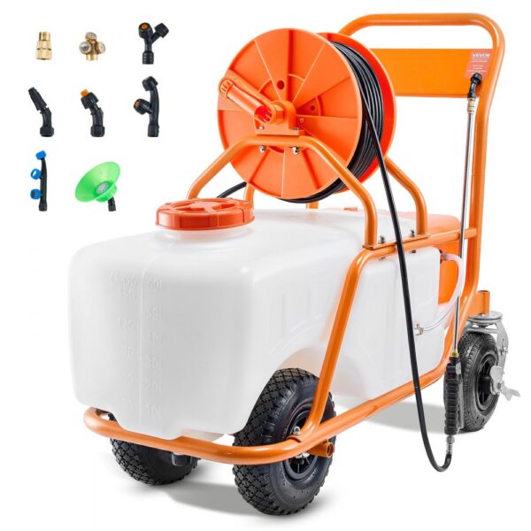 VEVOR Rasensprüher mit Rädern, einstellbarer Druck 0–90 PSI, Sprühgerät mit 60-L-Tank, mit 8 Düsen, 2 Zauberstäben, breiter Öffnungsdeckel für Garten, Jäten, Sprühen