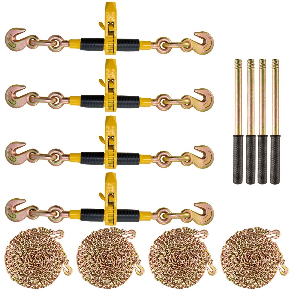 VEVOR Ratschen-Kettenbinder, 7,9375-9,525 mm Schwerlast-Lastbinder, mit G80-Ketten,3220kg, sichere Belastungsgrenze, arbeitssparender Anti-Rutsch-Griff, für Tieflader-LKW-Anhänger, 4 Stück
