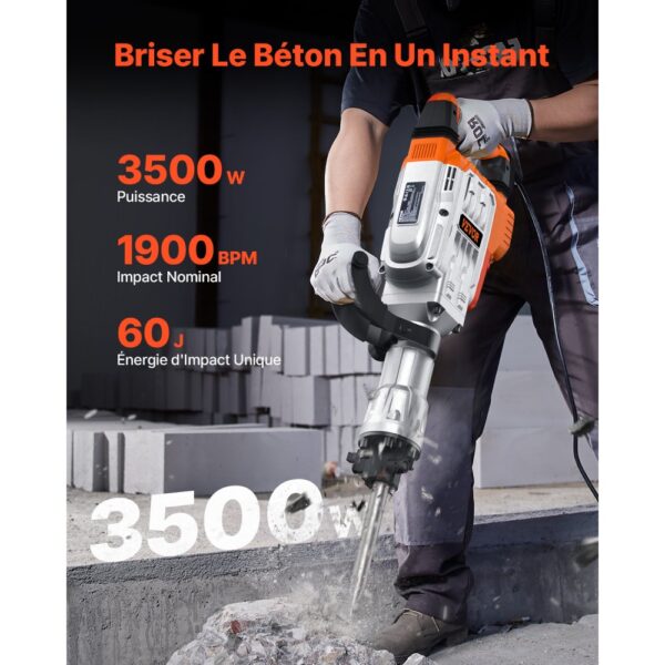 VEVOR Hochleistungs-Betonbrecher Abbruchhammer 3500 W, 60 J Schlagkraft Elektroabbruchhammer, Bohrhammer Betonhammer Stemmhammer 1900 BPM, inkl. Spitzmeißel, Flachmeißel, für Schiefer, Beton usw. – Bild 2