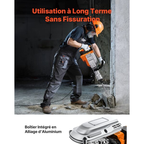 VEVOR Hochleistungs-Betonbrecher Abbruchhammer 3500 W, 60 J Schlagkraft Elektroabbruchhammer, Bohrhammer Betonhammer Stemmhammer 1900 BPM, inkl. Spitzmeißel, Flachmeißel, für Schiefer, Beton usw. – Bild 4