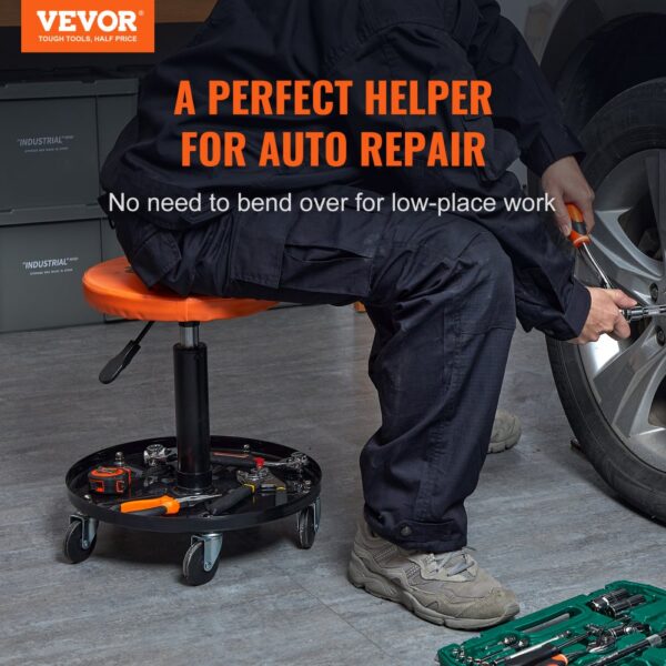 VEVOR Rollender Mechanikerhocker Werkstatthocker 113,4 kg, 406-559 mm Höhenverstellbarer Werkstattsitz, Werkstatthocker mit Werkzeugablage, für Garage, Geschäft, Autoreparatur, Schwarz + Orange – Bild 2