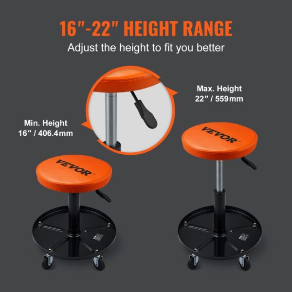 VEVOR Rollender Mechanikerhocker Werkstatthocker 113,4 kg, 406-559 mm Höhenverstellbarer Werkstattsitz, Werkstatthocker mit Werkzeugablage, für Garage, Geschäft, Autoreparatur, Schwarz + Orange – Bild 3