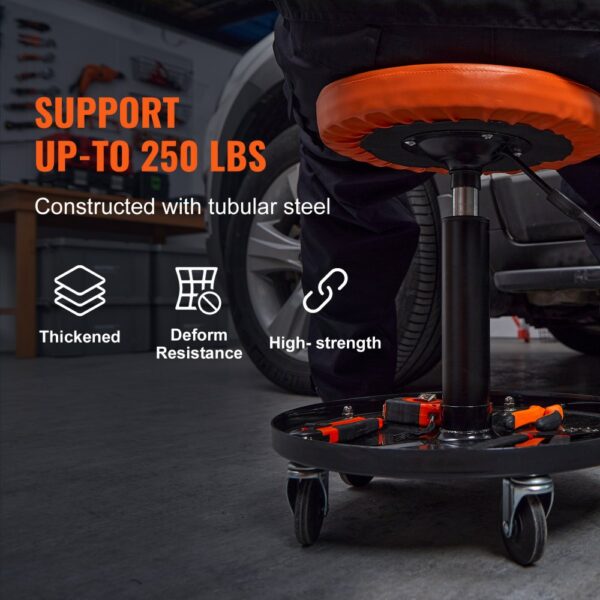 VEVOR Rollender Mechanikerhocker Werkstatthocker 113,4 kg, 406-559 mm Höhenverstellbarer Werkstattsitz, Werkstatthocker mit Werkzeugablage, für Garage, Geschäft, Autoreparatur, Schwarz + Orange – Bild 5