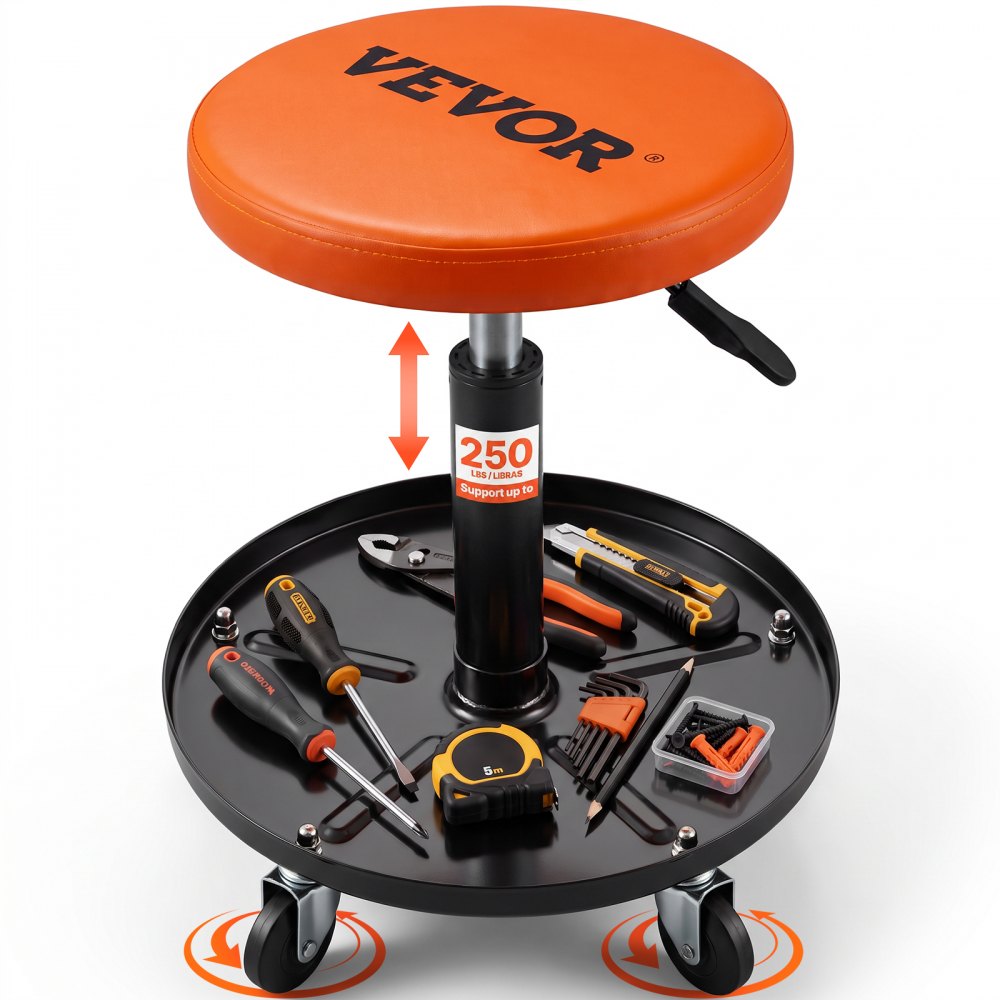 VEVOR Rollender Mechanikerhocker Werkstatthocker 113,4 kg, 406-559 mm Höhenverstellbarer Werkstattsitz, Werkstatthocker mit Werkzeugablage, für Garage, Geschäft, Autoreparatur, Schwarz + Orange