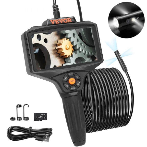 VEVOR Endoskopkamera Dreifachlinse 5" IPS-Bildschirm 854x480 Inspektionskamera 5m Kabel Rohrkamera 5000mAh Akku für 5-6Std. Kanalkamera IP67 Endoskop 180°Drehbar Automotoren Abwasserkanäle HVAC-Kanäle